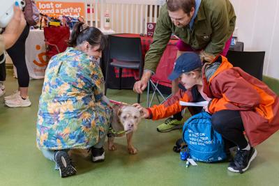 Adventure buddy program participants petting Moo Moo the dog