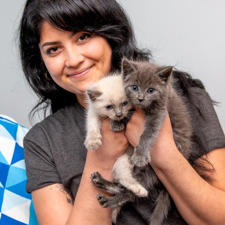 Man with dog and woman holding two kittens