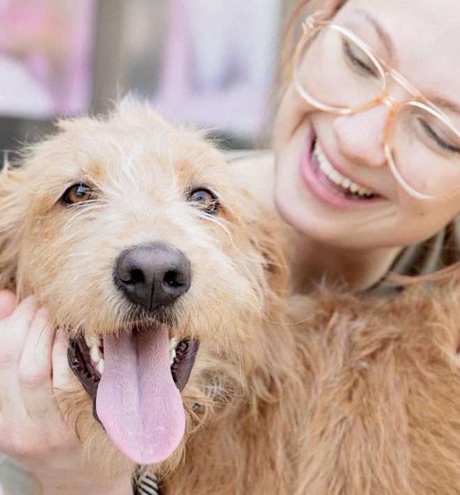 Person smiling at a dog they're petting