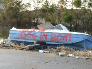 Boat on land with "dog in boat" spray-painted on the side following Hurricane Katrina