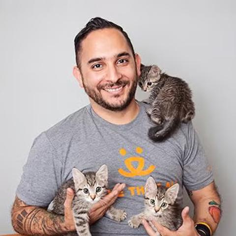 Marc Peralta holding three kittens