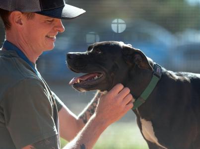 Man smiling at a dog in the field.
