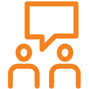 Line drawing of two silhouettes side-by-side with a chat bubble between them